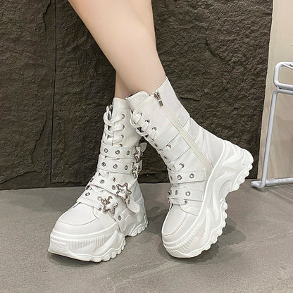 New Rock Platform Y2K Boots Women Summer 2026 Gothic Metal Star Belt Buckle Thick Sole Mid Calf Boots Woman Designer Punk Shoes