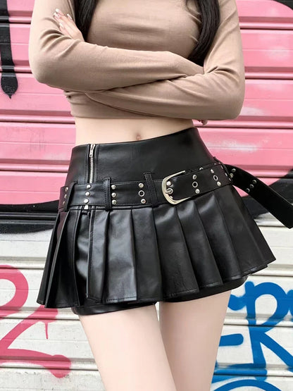 Women's Black Gothic A-line Pleated Leather Skirt Y2k Mini Shorts Skirts Harajuku Korean Emo Skirt 2000s Vintage Clothes Summer