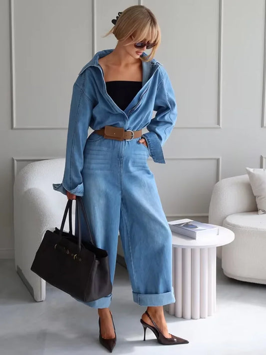 Fashion Denim Women's Jumpsuit Lapel Zipper Loose Wide Leg Long Sleeve Chic 2026 Spring Autumn New High Street Office Daily Wear