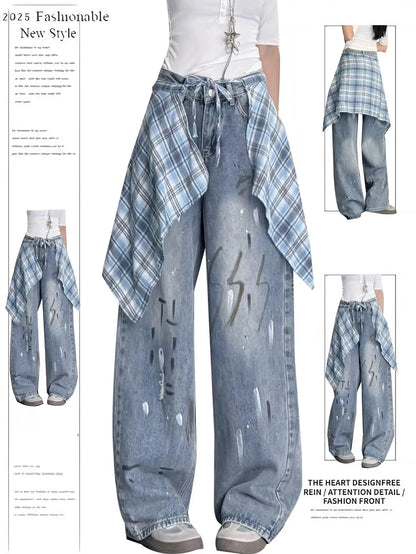 Fashion Y2K Baggy Pants Women's Cartoon Embroidery Loose Wide Leg Jeans Streetwear Aesthetic Casual Trousers