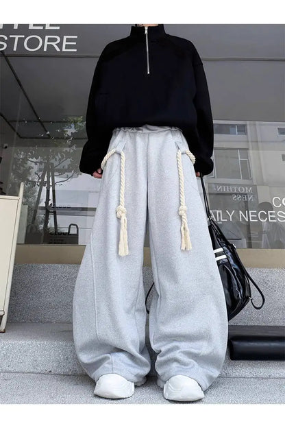 IEFB Handmade Thick Rope Design Men Women Casual Pants Solid Color Elastic Waist Sweatpants Wide Leg Male Curved Knife Trousers 9X654