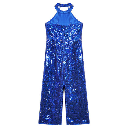 Kids Girls Jazz Dance Performance Jumpsuit Shiny Sequin Sleeveless Halter Romper Birthday Wedding Party Dancing Prom Bodysuit