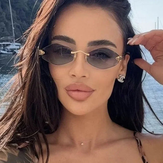 Vintage Rimless Rhombus Sunglasses Women For Men Luxury Brand Designer Popular Punk Hip Hop Metal Leopard Head Sun Glasses