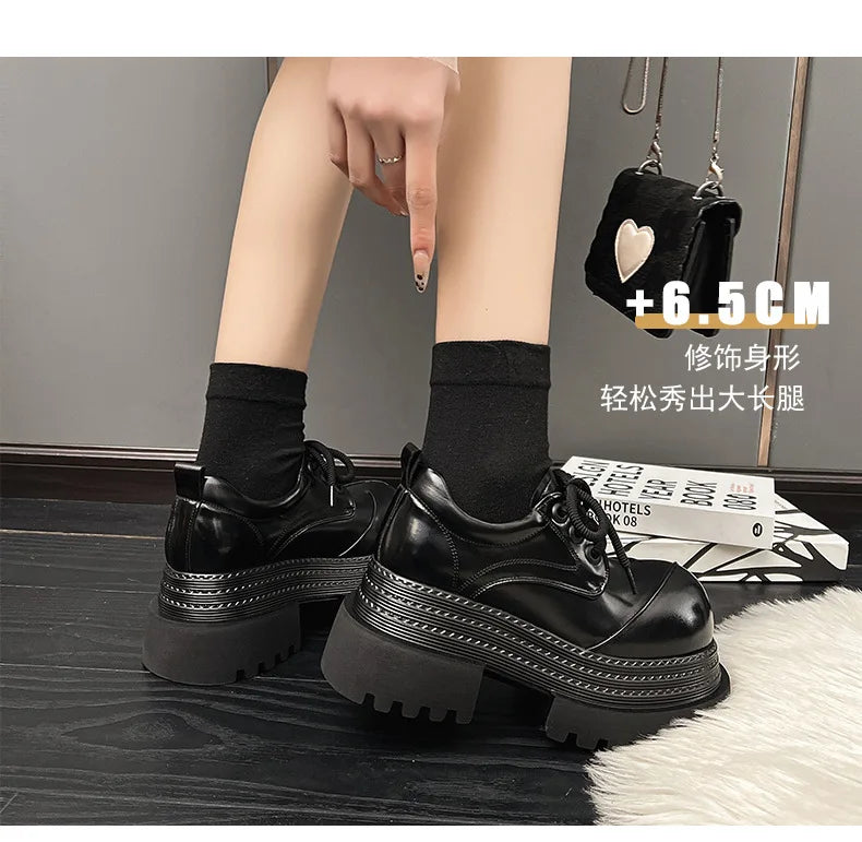 Women Retro Leather Loafers – Thick Sole Oxford Lace‑Up Platform Shoes