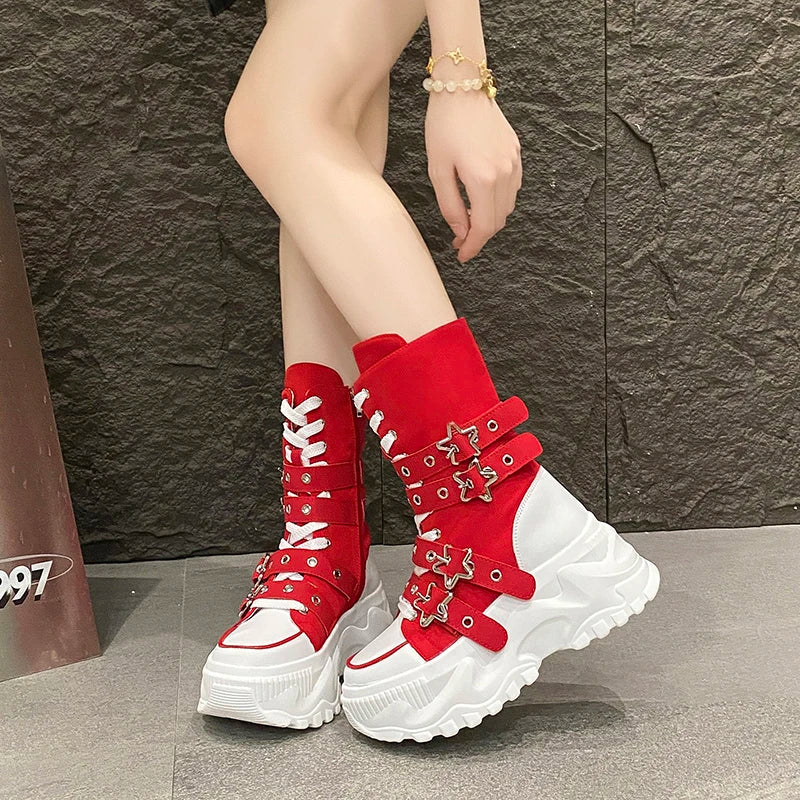 New Rock Platform Y2K Boots Women Summer 2026 Gothic Metal Star Belt Buckle Thick Sole Mid Calf Boots Woman Designer Punk Shoes