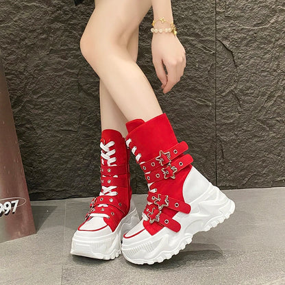 New Rock Platform Y2K Boots Women Summer 2026 Gothic Metal Star Belt Buckle Thick Sole Mid Calf Boots Woman Designer Punk Shoes