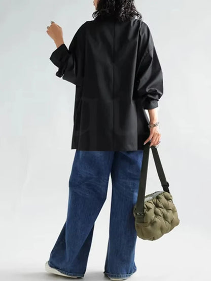 Gymystars 2026 New Black Long Sleeves Loose High Neck T-Shirts Tops Womens Spring Autumn Buttoned Casual Simpie Top