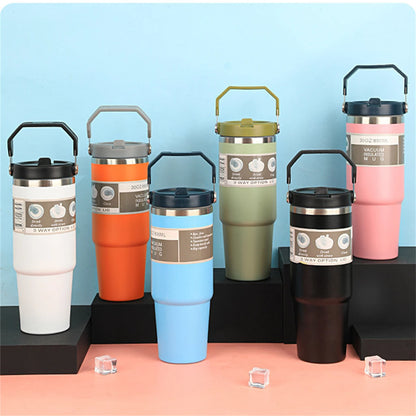 Vacuum Tumbler with Lid Stainless Steel Portable Water Bottle with Dazzling Handle Insulated Tumbler Tote Handle 20/30oZ