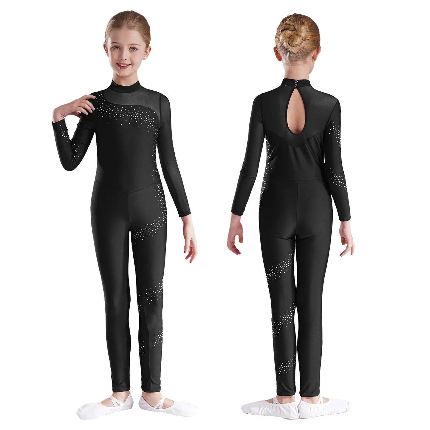 Kids Girls Ballet Dance Gymnastics Leotard Figure Skating Acrobatics Yoga Bodysuit Long Sleeve Shiny Rhinestone Mesh Jumpsuit