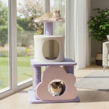 31.5" Cute Modern Cat Tree With Condo Top Perch Jute Scratching Posts Hanging Toy Blue/Purple