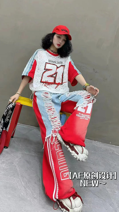 European Trend Suit Women's 2026 Summer New Printed Splicing Denim Ripped Loose Short-sleeved Straight Pants Tide