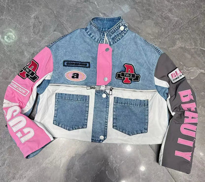 European Trend Suit Women 2026 Spring New Denim Splicing Letter Embroidered Long-sleeved Top Elastic Waist Trousers Casual Sets