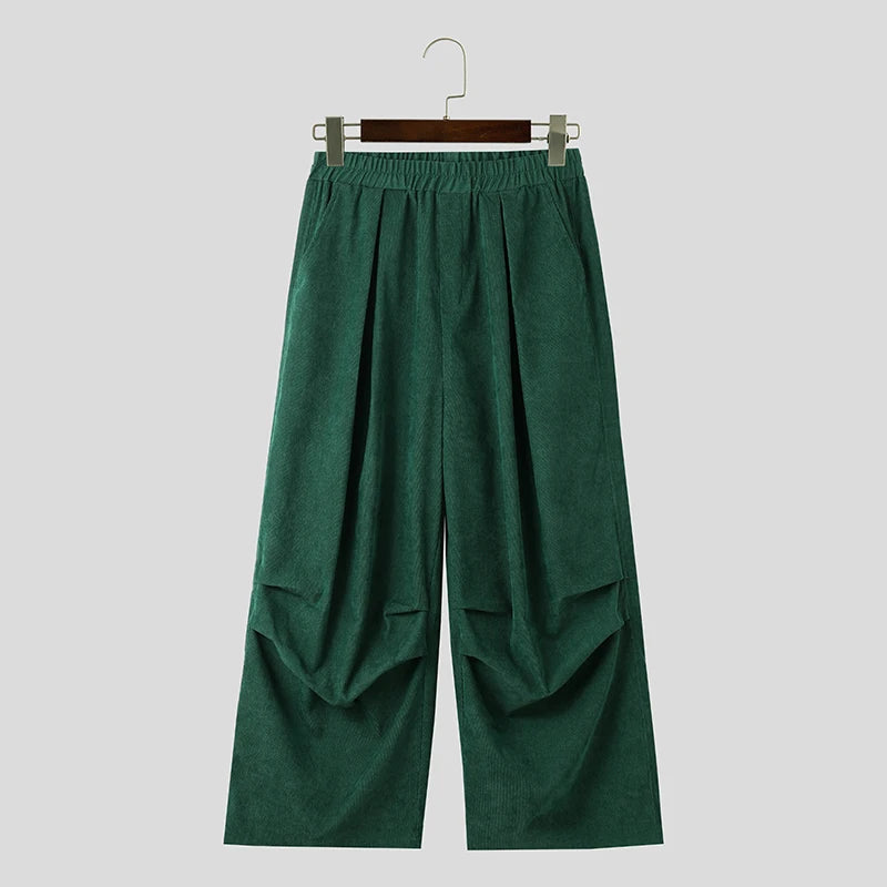 INCERUN Men Corduroy Pants Solid Color Loose Elastic Waist Streetwear Casual Wide Leg Trousers Men Long Pants