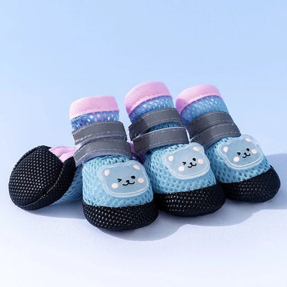 4Pcs/Set Cute Breathable Dog Mesh Shoes Adjustable Wear-resistant Dog Paw Protectors Reflective Dog Footwear Hiking