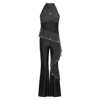 Kids Girls Figure Skating Jumpsuit Ballet Gymnastics Acrobatics Dance Leotard Sleeveless Shiny Rhinestones Ruffles Mesh Bodysuit
