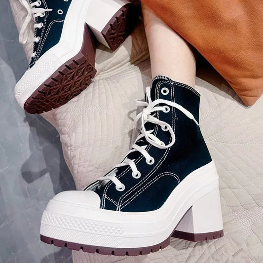 High Top Canvas Shoes New Europe and The United States Thick Heel Round Head Strap Thick Soled Small White Shoes