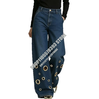 American High Street Straight Leg Jeans Women Metal Ring Hollow Long Jeans Autumn Casual High Waist Pockets Baggy Denim Pants