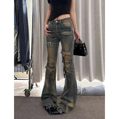 American High Street Spliced Cargo Jeans for Women Summer New Vintage Washed Design High Waist Slimming Flared Pants Women
