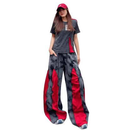 European Style Women's Jeans 2026 Spring New Heavy Zipper Pleated Color-Block Design Loose Trendy Long Pants