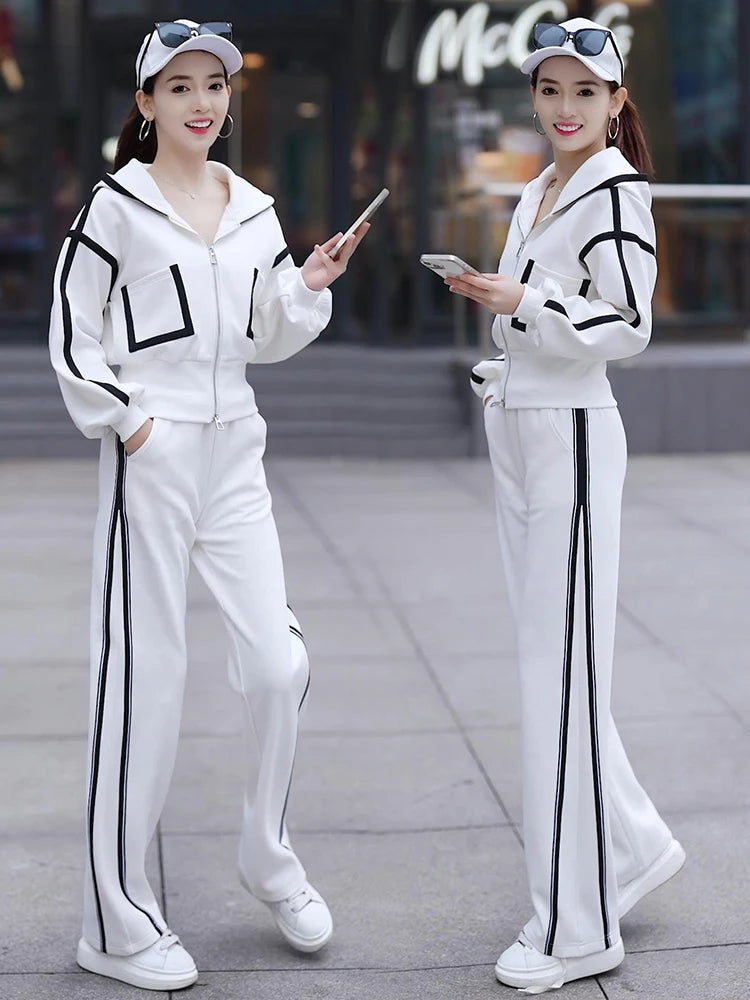 Women's Fashion Color Matching Zipper Cardigan Jacket + Wide-leg Pants Sports Casual Loose Two Piece Set