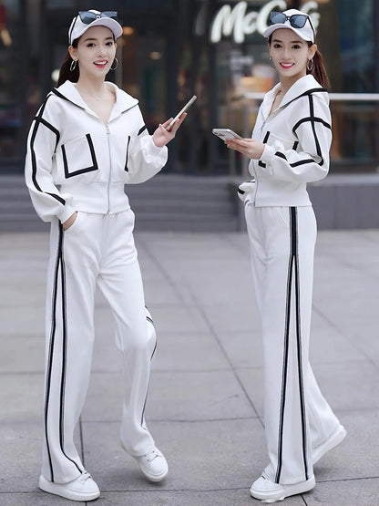 Women's Fashion Color Matching Zipper Cardigan Jacket + Wide-leg Pants Sports Casual Loose Two Piece Set