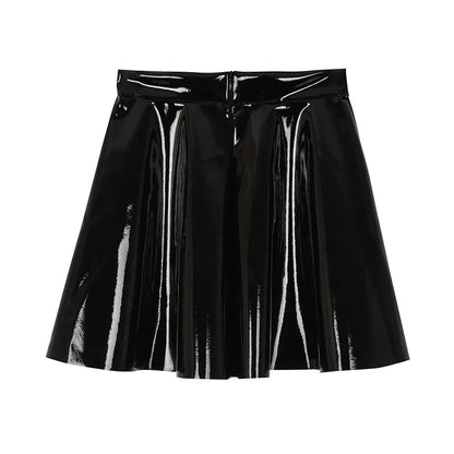 Women Black Patent Leather Pleated Mini Skirt High Waist Flared Gothic Punk Skirt Edgy Streetwear Skirt For Daily Wear & Dating