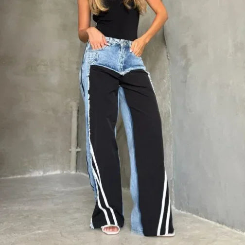 Jeans Women Denim Wide Leg Pants Stripe Trousers Contrast Color Low Waist Washed Pockets 2026 Streetwear Denims Floor Length