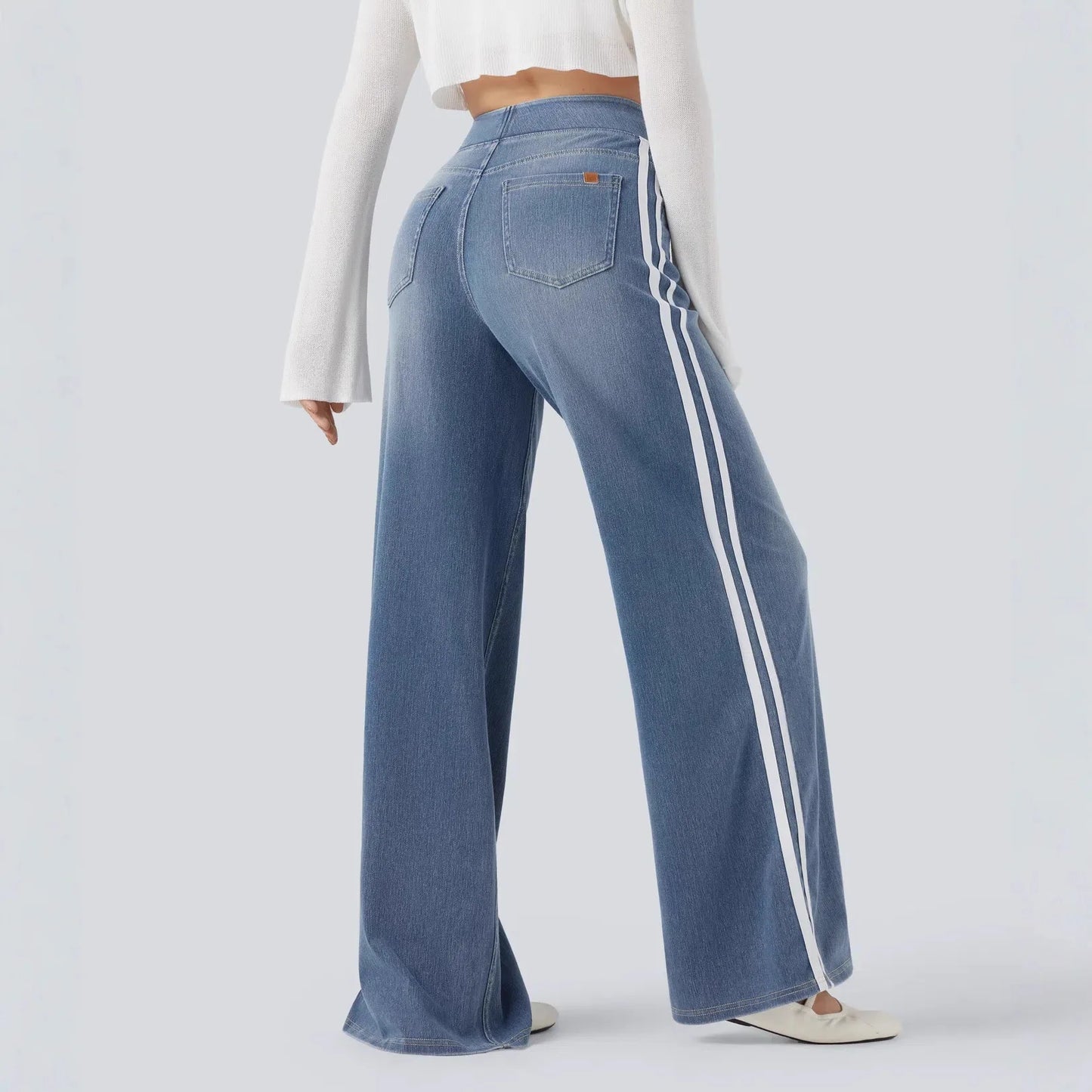 Retro Washed Blue Side Stripe Jeans Women's Y2K High Street Loose Wide Leg Pants Casual Comfortable High Waist Denim Jeans