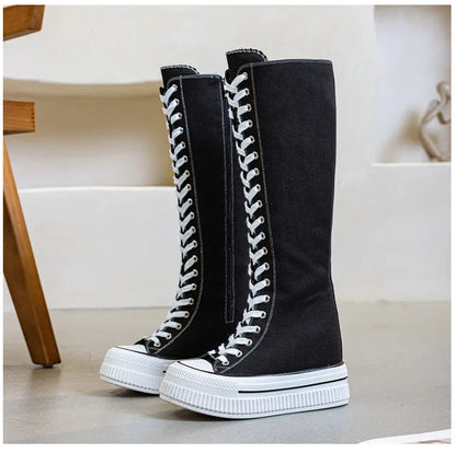 NEW Luxury Platform Boots Women Canvas Casual High Top Shoes Long Boot Lace-Up Zipper Comfortable Flat Sneakers Tenis Feminino