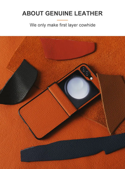 Luxury Hand Crafted Genuine Leather Case For Samsung Galaxy Z flip5 Phone Cover Galaxy Z Flip 3 flip4  Back Shell Coque Capa