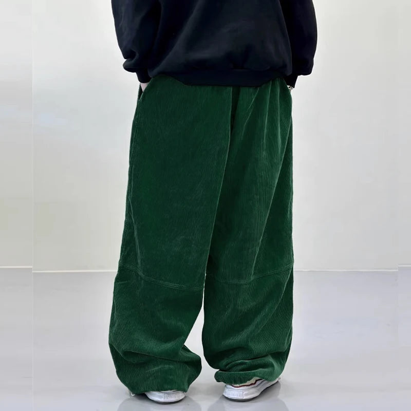 INCERUN Men Corduroy Pants Solid Color Loose Elastic Waist Streetwear Casual Wide Leg Trousers Men Long Pants