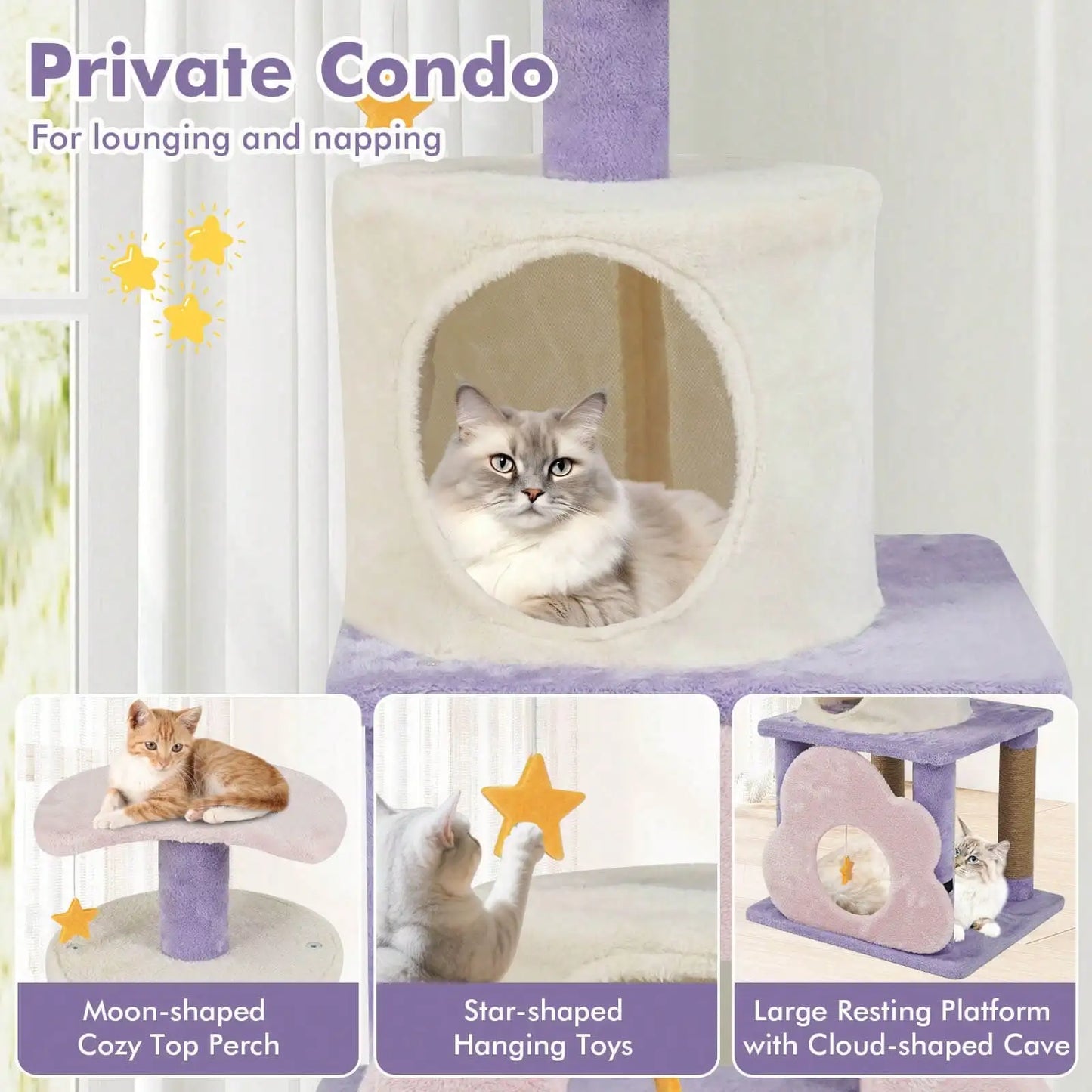 31.5" Cute Modern Cat Tree With Condo Top Perch Jute Scratching Posts Hanging Toy Blue/Purple