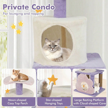 31.5" Cute Modern Cat Tree With Condo Top Perch Jute Scratching Posts Hanging Toy Blue/Purple