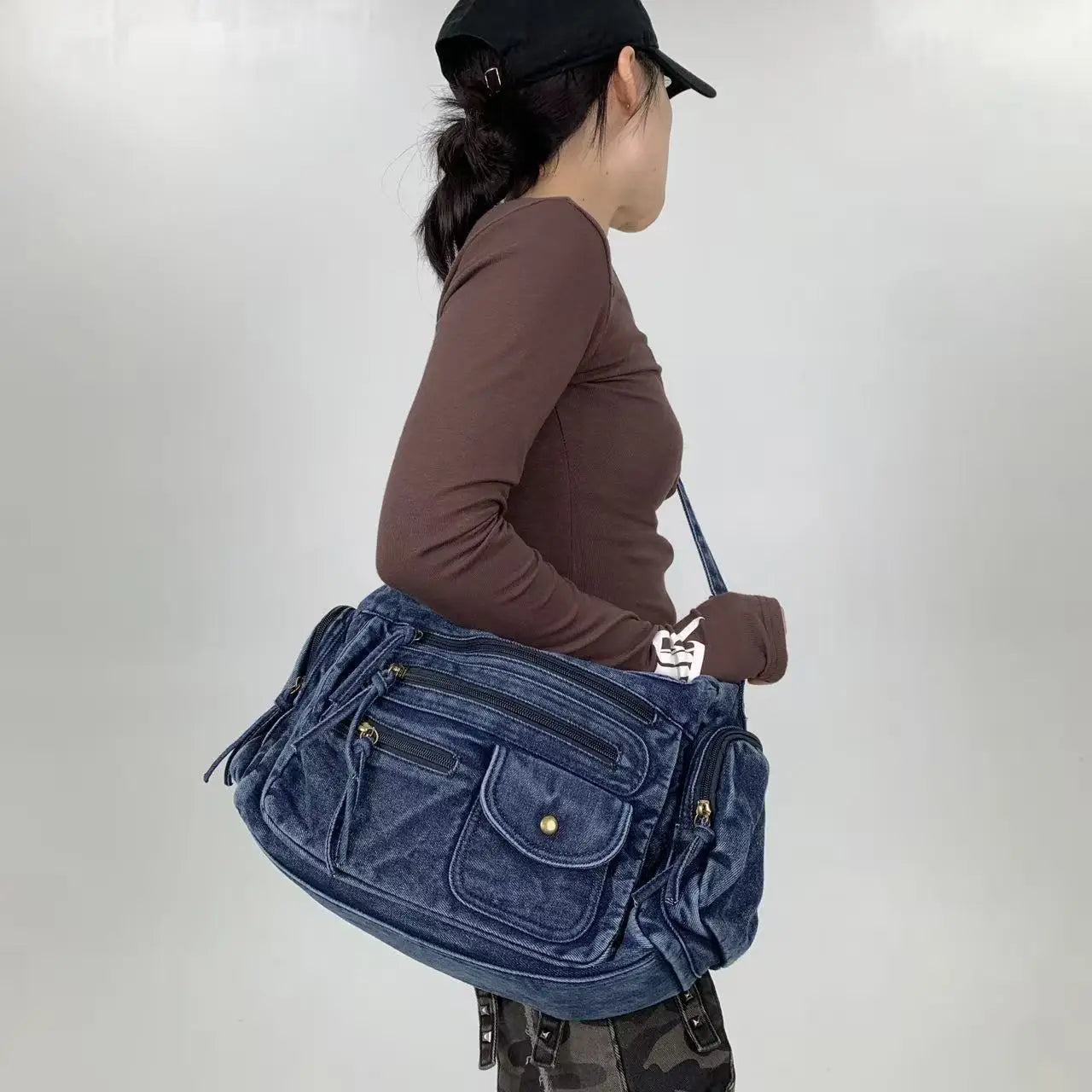 Y2K Street Personalized Women's Multi Pocket Shoulder Bag Large Capacity Retro Motorcycle Tote Bag