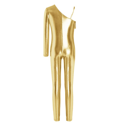 Kids Girls Metallic Shiny Ballet Dance Unitards Figure Skating Acrobatics Gymnastics Leotard One Shoulder Long Sleeve Jumpsuit