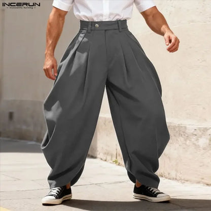 Men Pants Solid Color Button Pleated Casual Wide Leg Trousers Men Streetwear INCERUN Baggy 2026 Fashion Male Long Pants S-5XL