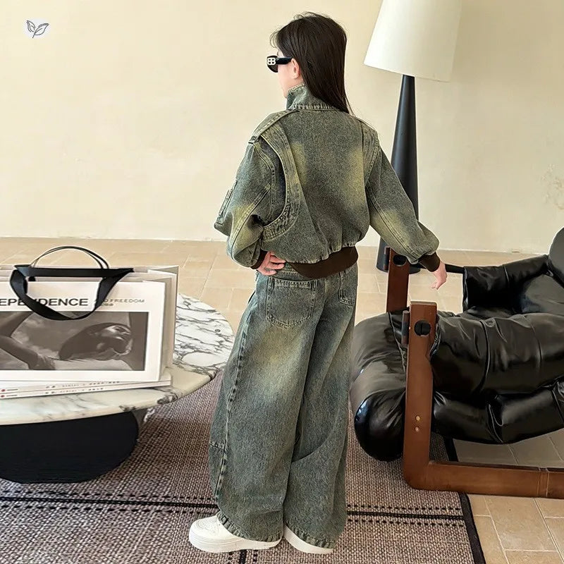 American Retro Denim Set for Girls  2026 Spring New Style Buttoned Collar Coat and Floor-Length Pants Set 5-13Y