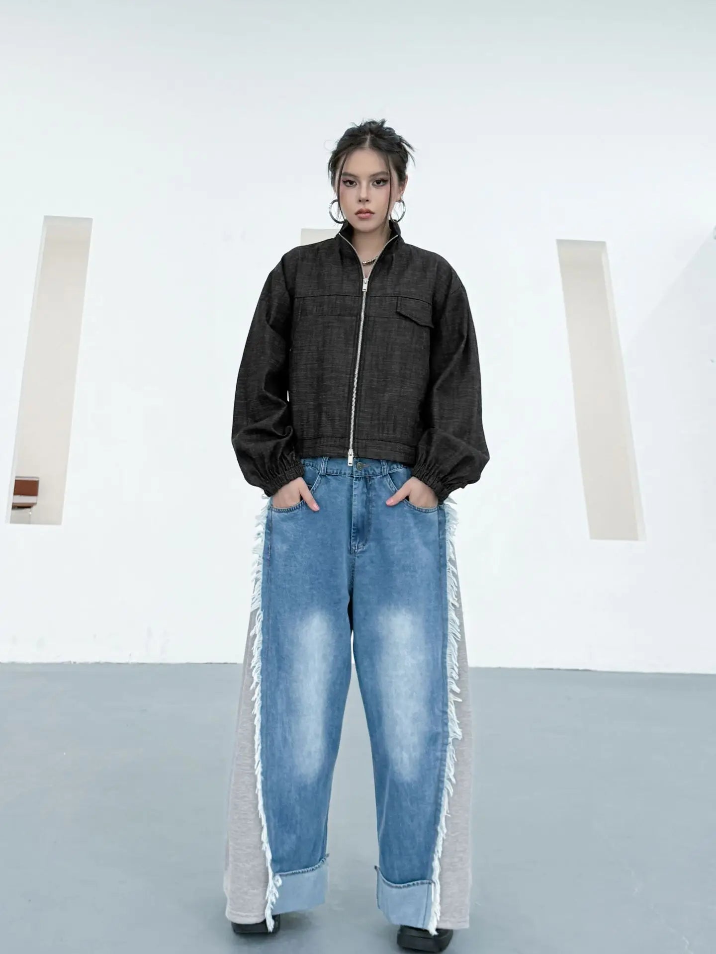 NYFS Europe United States Patchwork Loose plus Size Women's Jeans Elastic Waist Trousers Autumn Fashion Denim Wide-leg pants
