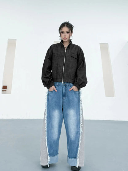 NYFS Europe United States Patchwork Loose plus Size Women's Jeans Elastic Waist Trousers Autumn Fashion Denim Wide-leg pants