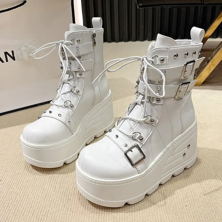 New Punk Women's Boots Wedges Ladies Shoes Patent Leather Boot Rivets Cosplay Ankle Boots Zip Ladies Gothic Motorcycle Boot