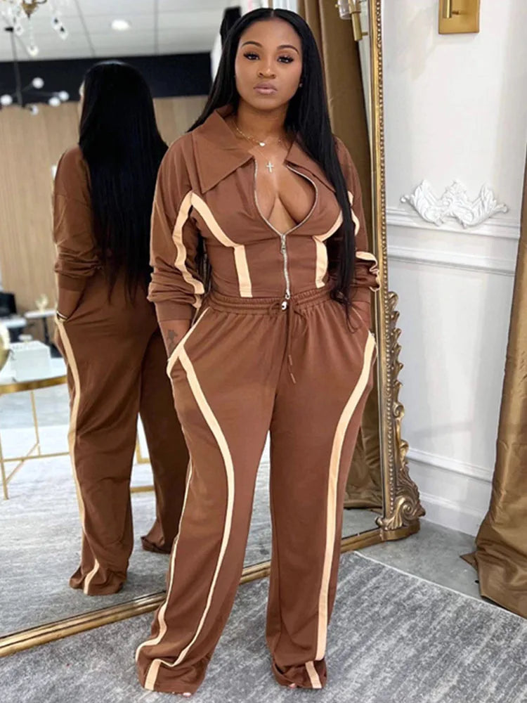 Doyerl Striped Casual Two Piece Set Woman Tracksuit Sports Joggers Zip Long Sleeve Jacket and Sweatpants Matching Sets Outfits