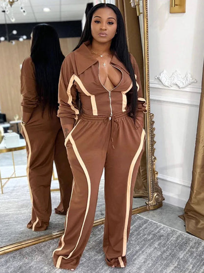 Doyerl Striped Casual Two Piece Set Woman Tracksuit Sports Joggers Zip Long Sleeve Jacket and Sweatpants Matching Sets Outfits
