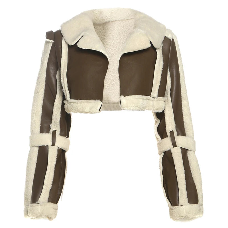 Weird Puss Furry Patchwork Women Crop Jacket Hipster Full Sleeve Open Stitch Hipster Streetwear Warm Outwear Basic Wild Coat