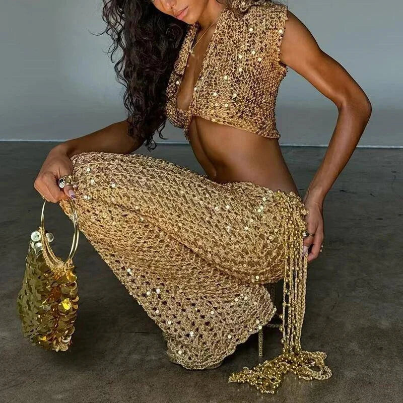 Women Fashion Sequined Party Set Casual Short Sleeve Tassel Mini Skirt 2Pc Suits 2026 Elegant V-neck Crop Top with Skirt Outfits