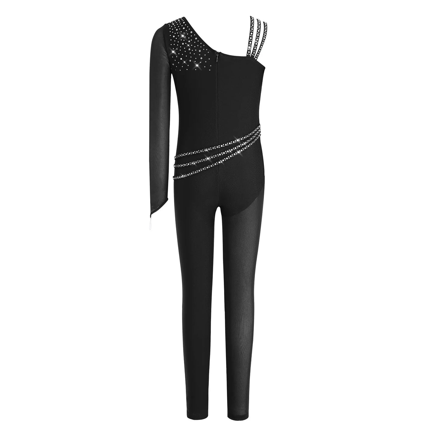 Kids Girls Ballet Dance Gymnastics Leotard Shiny Rhinestones Mesh Asymmetrical Jumpsuit for Figure Skating Acrobatic Performance