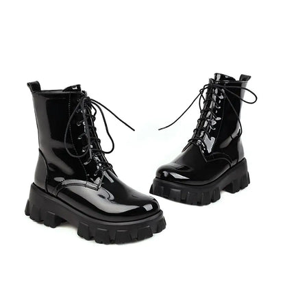 High End Women Boot Fashion Patent Leather Ankle Boots Exquisite Lace Platform Boots for Woman Luxury Designer Shoes Botas Mujer