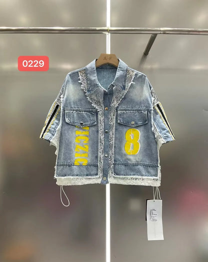 Trendy Summer Women Two-piece Set Colorblock Lace Splicing Denim Short Sleeve Shirt Top Elastic High Waist Wide Leg Casual Jeans