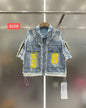 Trendy Summer Women Two-piece Set Colorblock Lace Splicing Denim Short Sleeve Shirt Top Elastic High Waist Wide Leg Casual Jeans