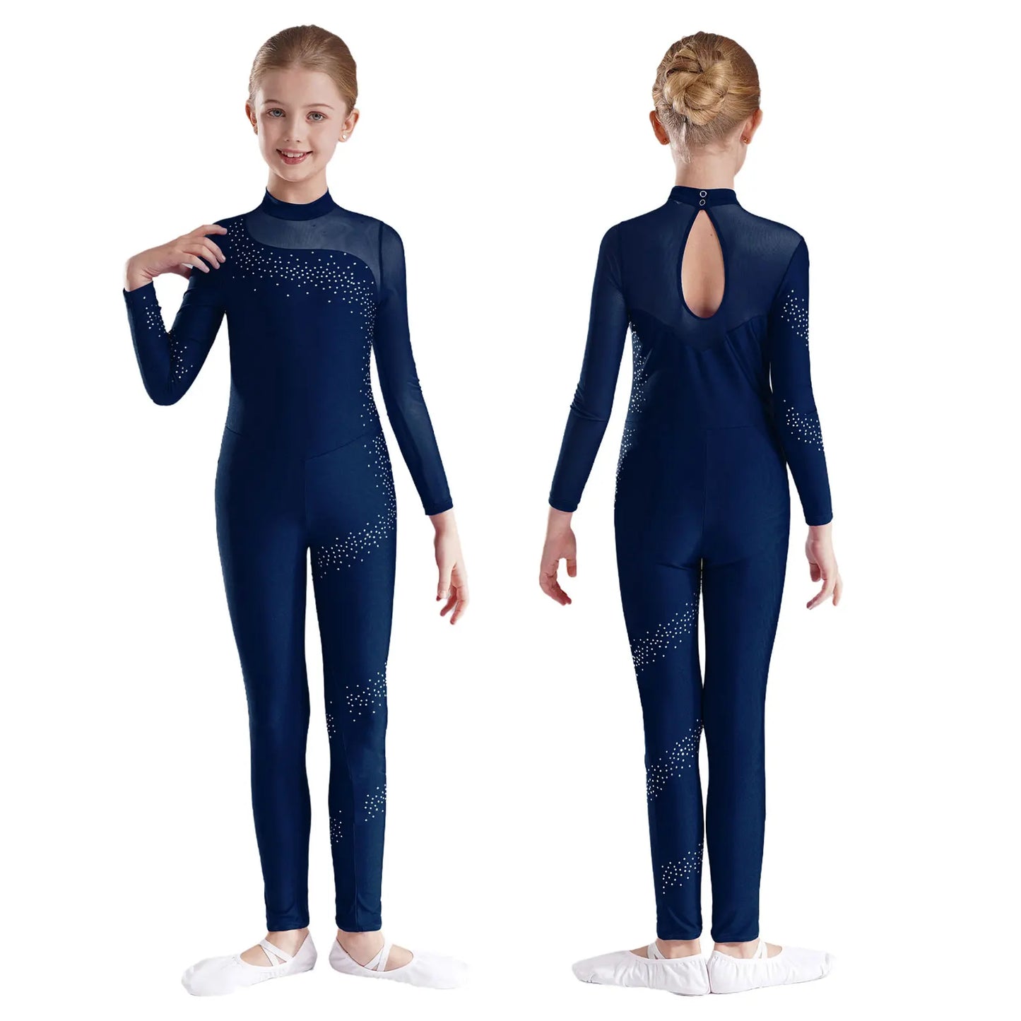 Kids Girls Ballet Dance Gymnastics Leotard Figure Skating Acrobatics Yoga Bodysuit Long Sleeve Shiny Rhinestone Mesh Jumpsuit