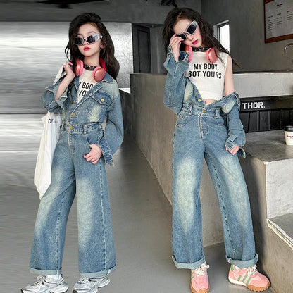 2025 Spring teen Kids girl Denim Jumpsuits Long Sleeve Overalls Children Fashion Jeans Loose Trousers Korean junior Girls Outfit